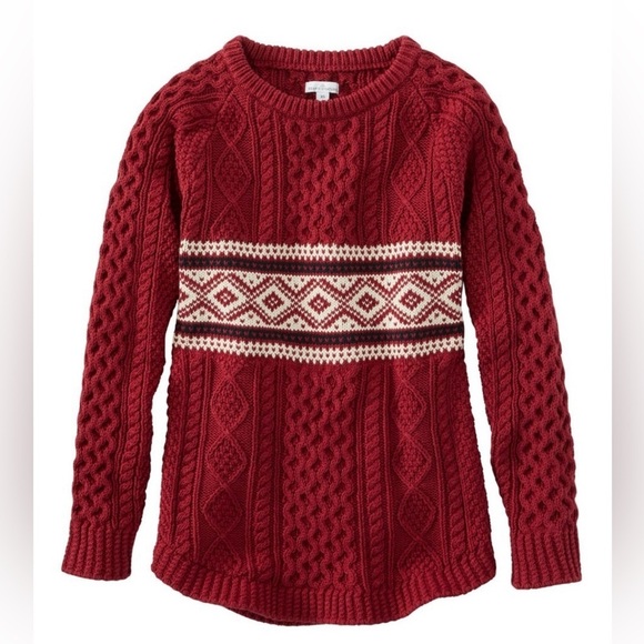 LL Bean Signature Fair Isle Fisherman Sweater Womens S Red Chunky Cable Knit - Picture 1 of 11